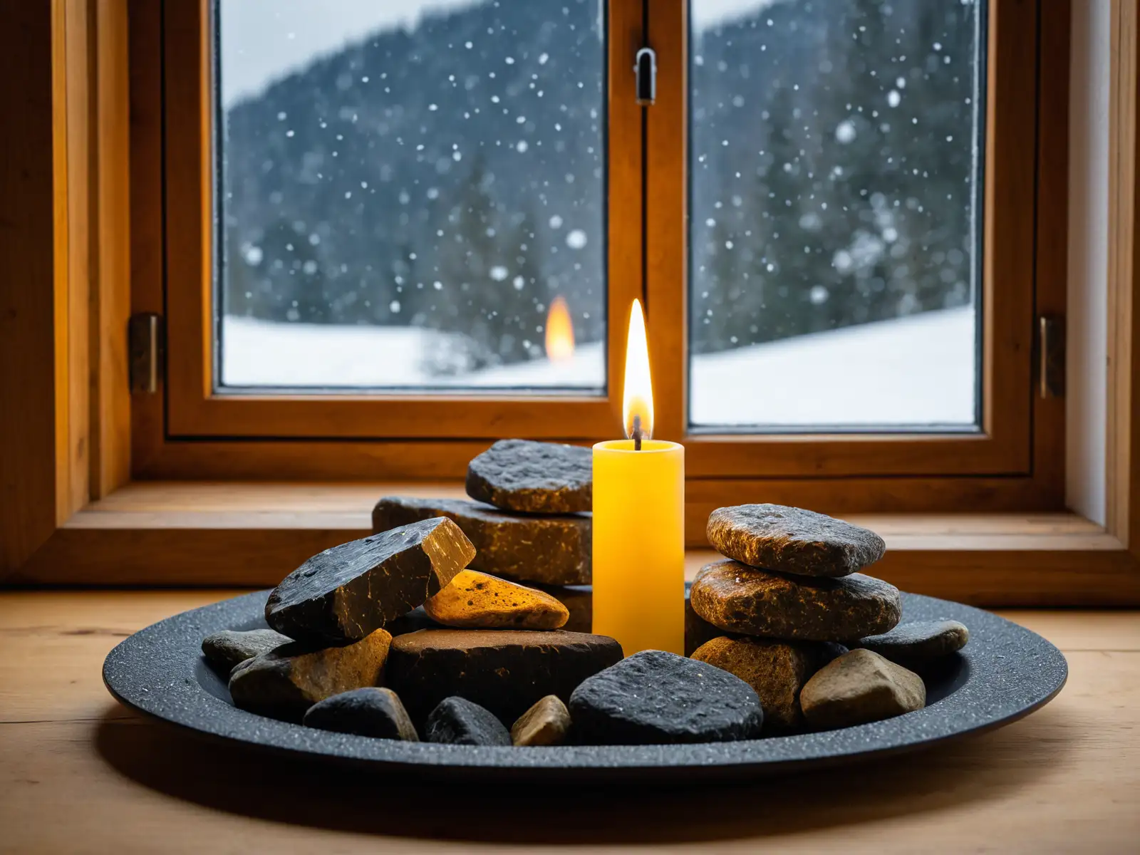Hot-Stones und Kerze am Fenster mit Schneelandschaft-Praxis-Detail nahe Inzell